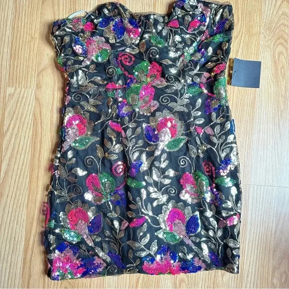 Lulu’s Thriving Blossom Black Mesh Sequin Bustier Strapless Mini Dress NWT - Picture 1 of 9
